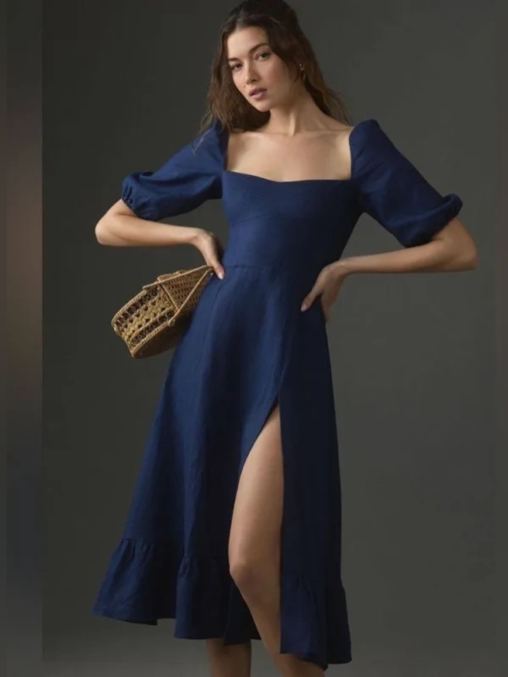 Reformation Navy Puff Sleeve Midi Dress with Front Slit - Picture 2 of 5
